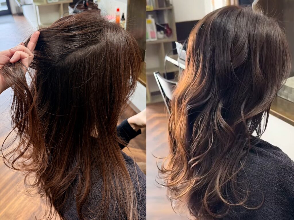 7トーンの落ち着いた色味で根元染め（リタッチ）と補修トリートメントを施した、ツヤのある美しい髪のバックスタイル。