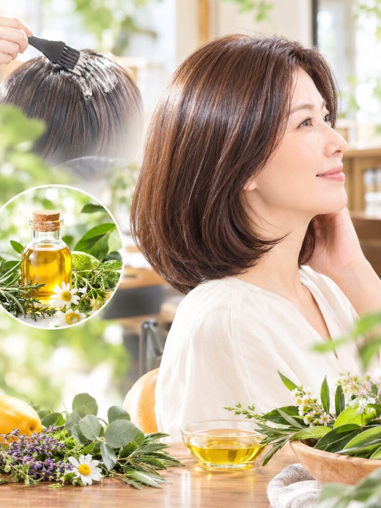 植物由来のオイルとハーブ、艶やかな髪の女性のイメージ