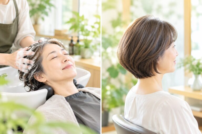 鳥取市湖山のやさしい白髪染めボタニカで、ボタニカルカラーと同時にオートスパシャンプーで頭皮ケアを受ける女性のイメージ